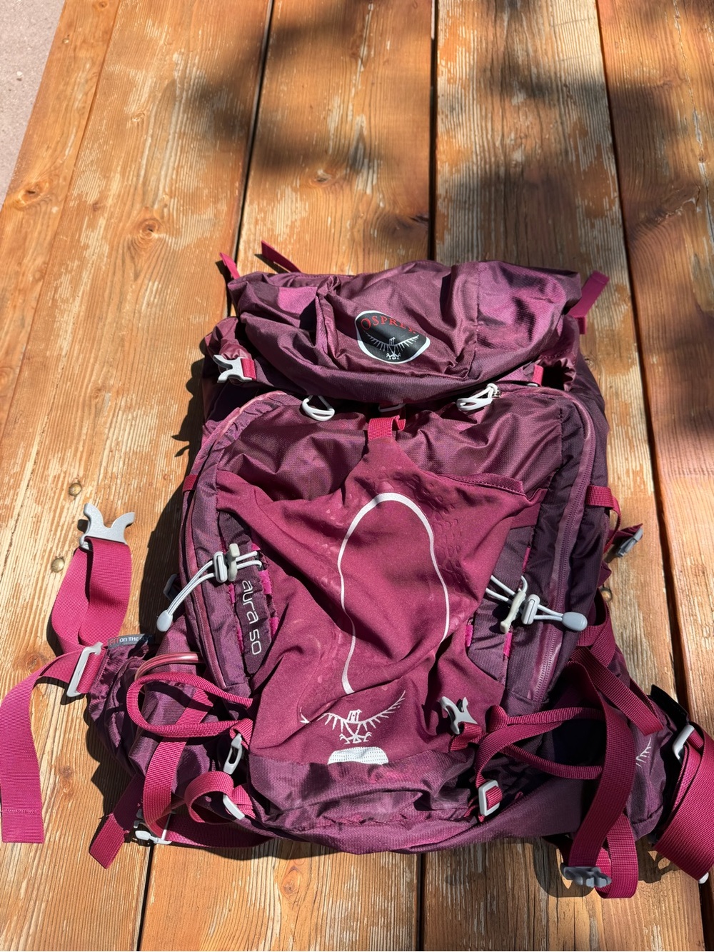 Women’s Burgundy Osprey Aura 50 Backpacking Backpack and Rainfly